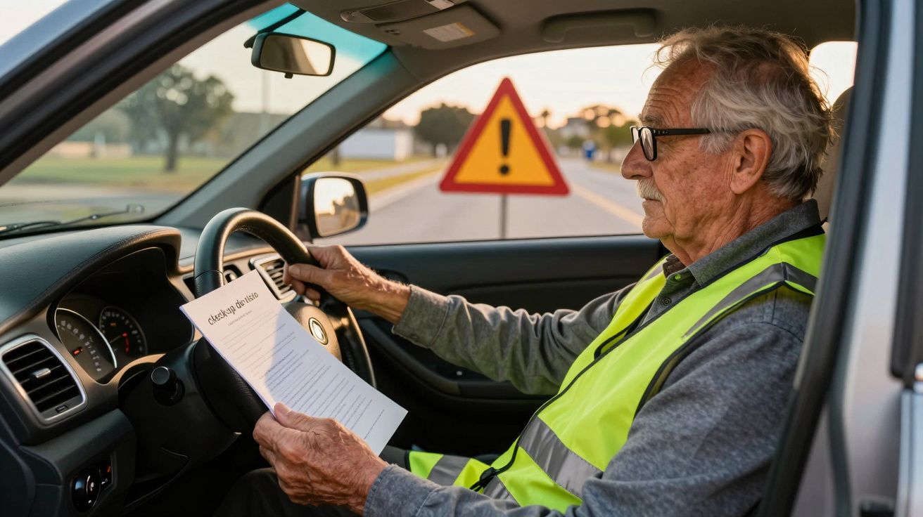 Homem idoso de colete refletor lê documento dentro de carro, com sinal de alerta na estrada à frente.