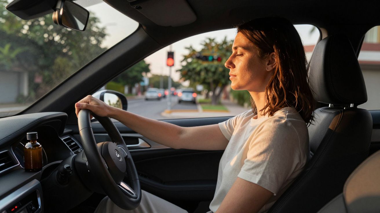 Mulher relaxa ao volante de um carro parado num semáforo vermelho ao entardecer, com garrafa pequena no painel.