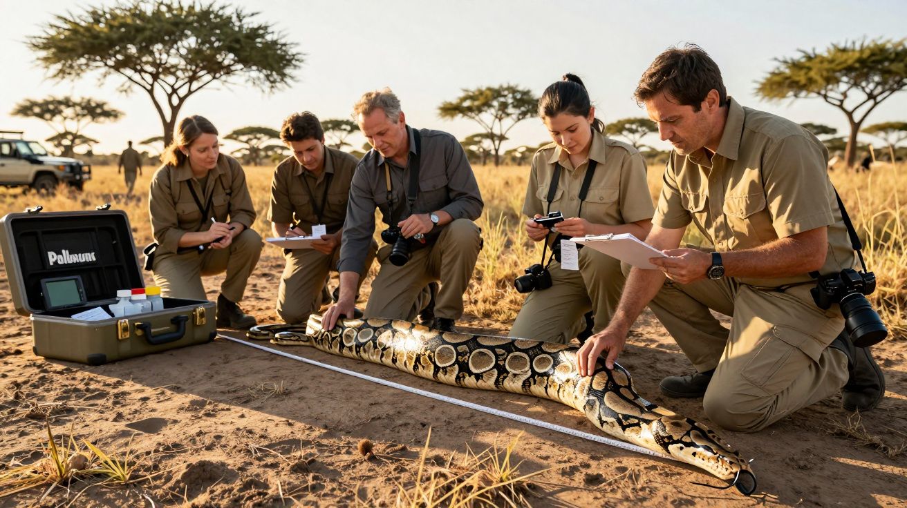 Cientistas medem e observam uma píton em savana africana, com árvores de acácia ao fundo e equipamento científico ao lado.