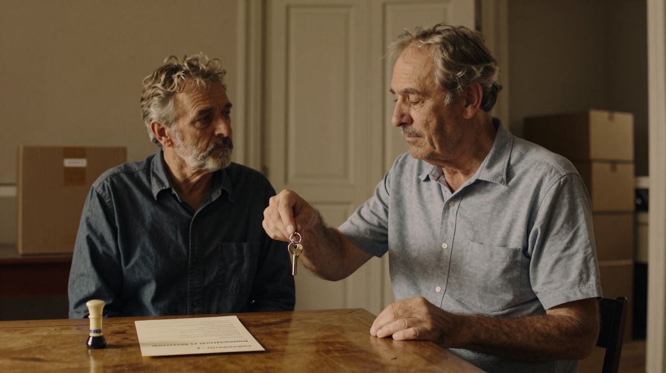 Dois homens idosos sentados à mesa com documentos e uma chave, em ambiente de mudança com caixas no fundo.