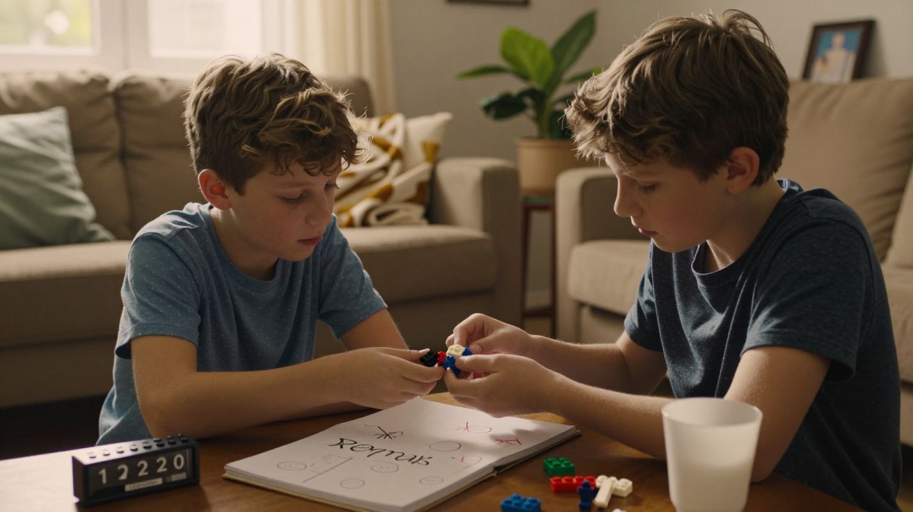 Dois rapazes montam peças de Lego numa sala de estar, sentados num sofá com um caderno e copo ao lado.