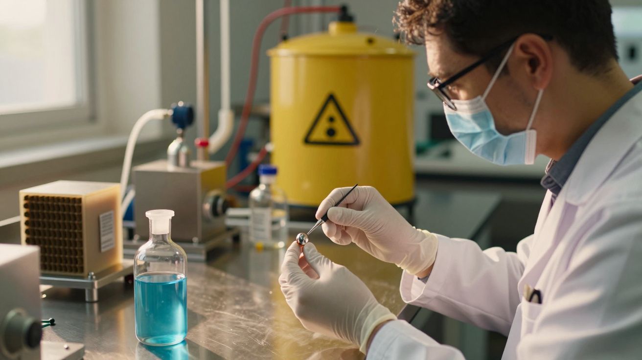 Cientista com máscara e luvas analisa amostra em laboratório com equipamento químico ao fundo.