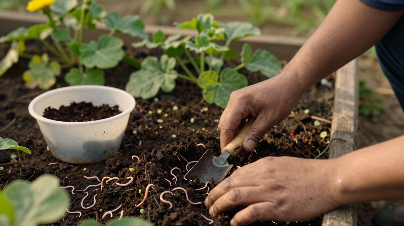 Mãos cavando terra em horta com minhocas visíveis, ao lado de um recipiente de plástico com composto.