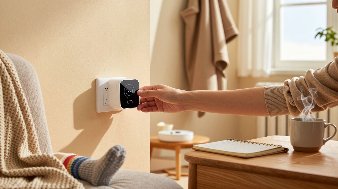 Pessoa ajusta um termostato num ambiente acolhedor com uma chávena fumegante e bloco de notas em cima da mesa.