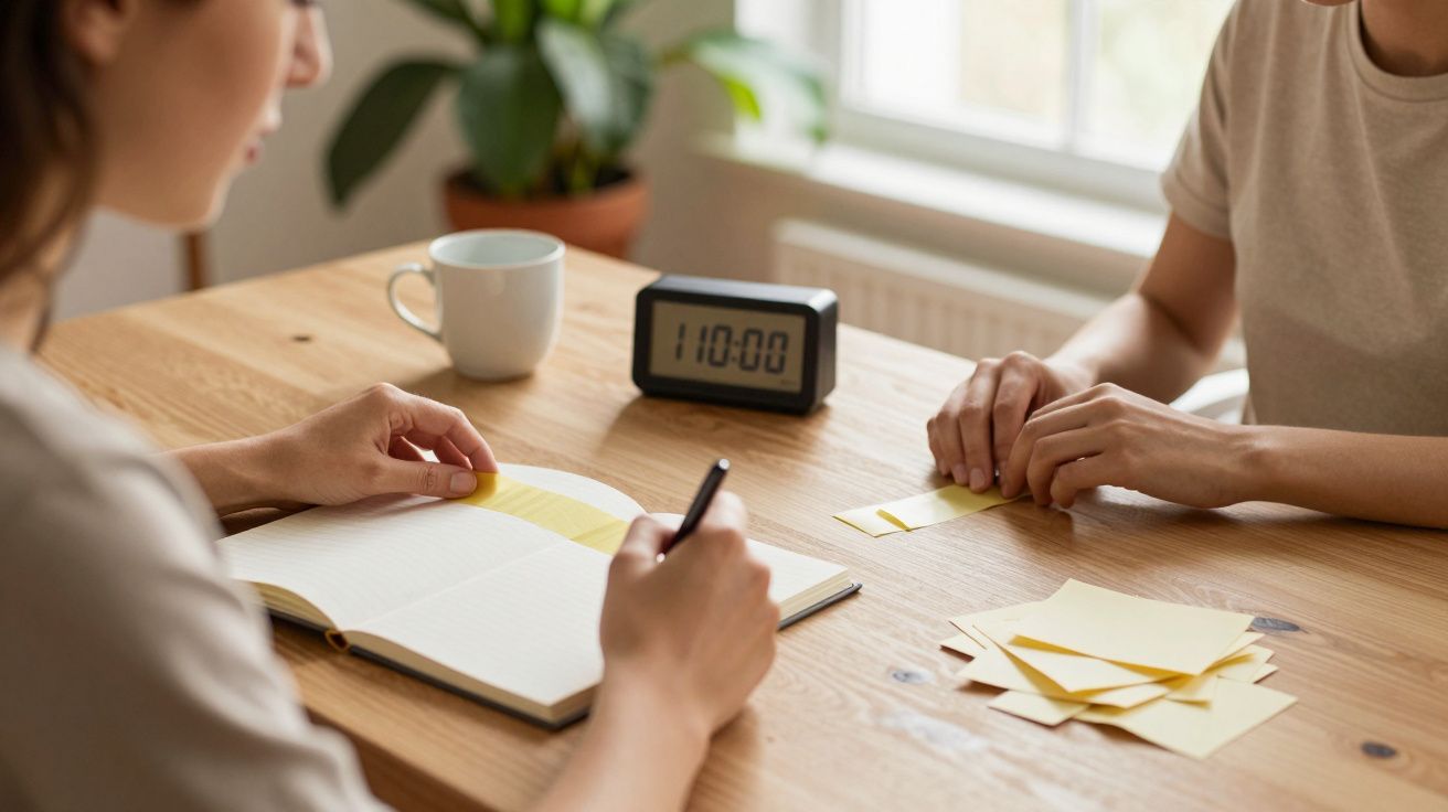 Duas pessoas escrevem em notas adesivas amarelas numa mesa de madeira, com um relógio digital a marcar 11:00.