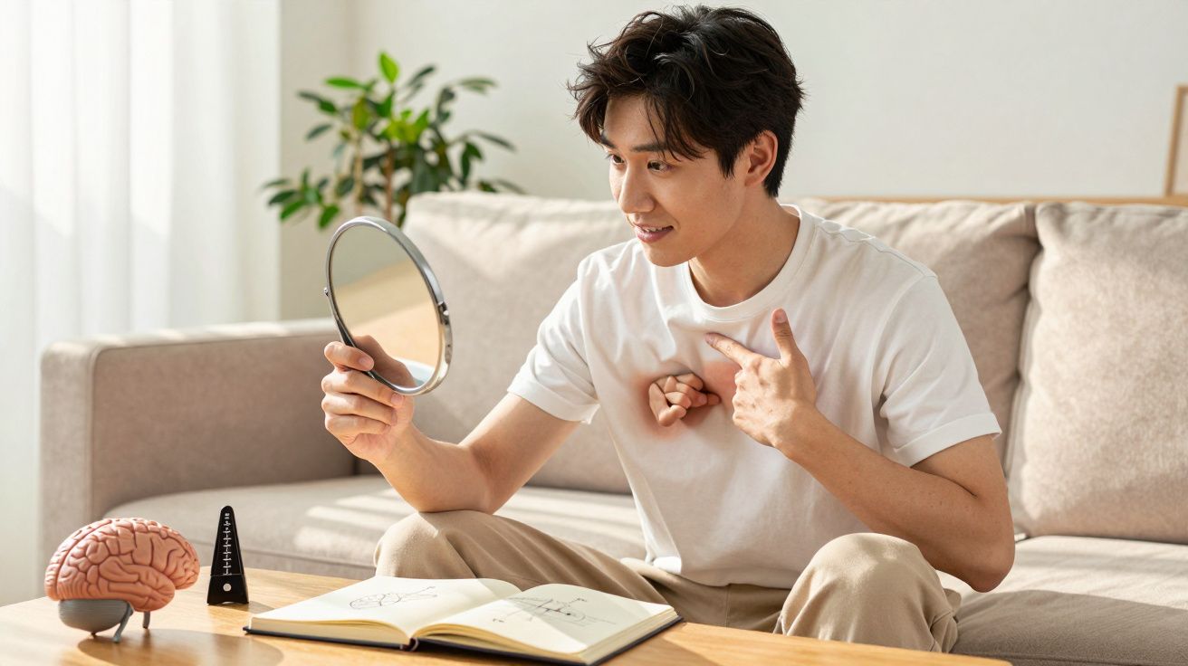 Homem sentado no sofá, segurando espelho, apontando para si mesmo, com bloco de notas aberto e modelo cerebral na mesa.