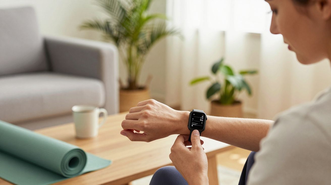 Mulher verifica smartwatch numa sala de estar, com tapete de ioga e caneca sobre a mesa.