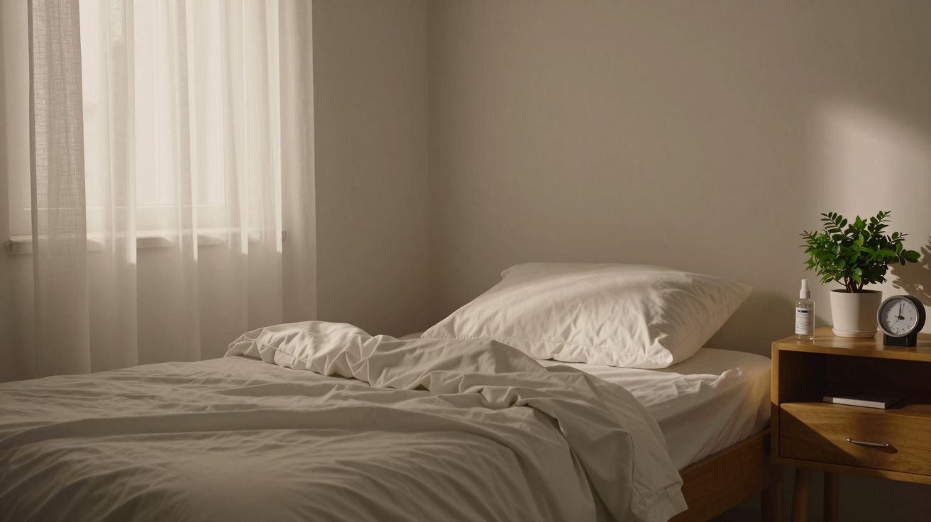 Quarto minimalista com cama desarrumada, luz suave, mesa de cabeceira com planta e despertador.