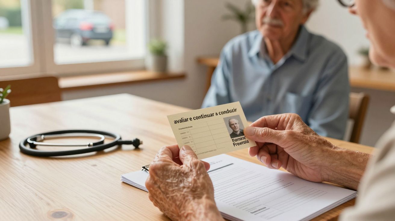Pessoa segurando um cartão com foto em uma consulta médica. Estetoscópio e documentos na mesa.
