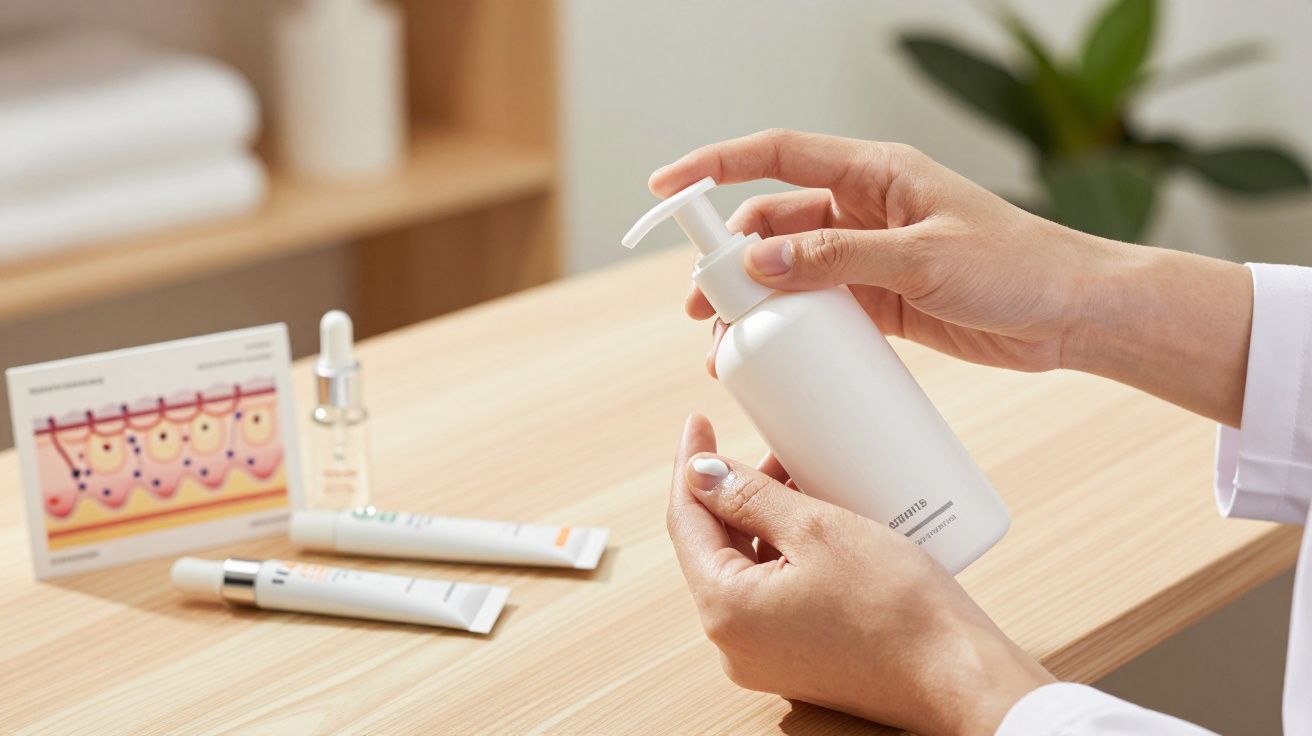 Mãos seguram frasco de creme num ambiente de spa com frascos e gráfico de pele sobre a mesa de madeira clara.