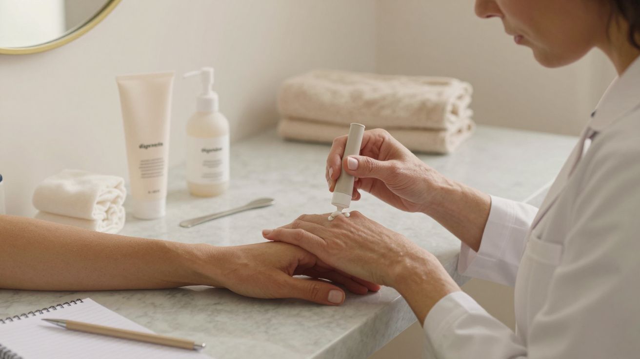 Pessoa aplica creme na mão de outra pessoa sobre uma mesa com produtos de cuidado da pele e toalhas dobradas.