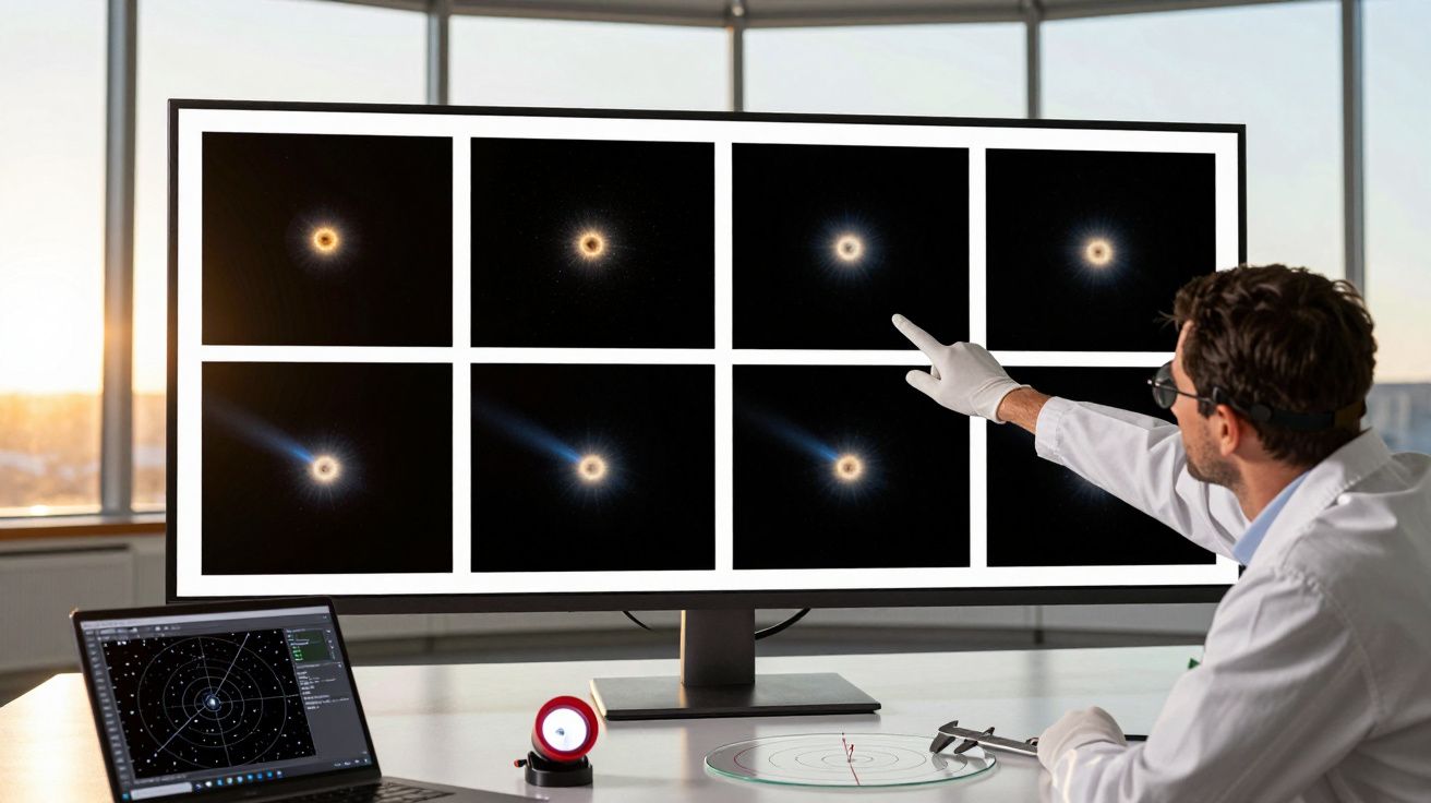 Cientista analisa imagens de buracos negros em ecrã grande, computador portátil ao lado, numa sala iluminada.