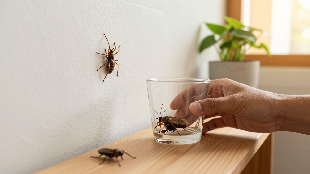 Mão segurando um copo com uma barata dentro sobre uma prateleira de madeira; outras baratas estão por perto.