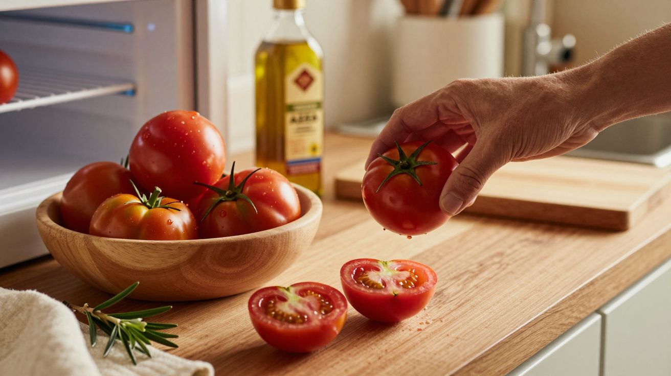 Mão segura tomate fresco em bancada de madeira com taça de tomates, azeite e alecrim ao fundo.