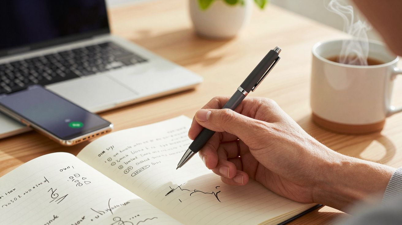 Pessoa a escrever num caderno ao lado de um portátil, com um telemóvel e uma chávena de café sobre a mesa.