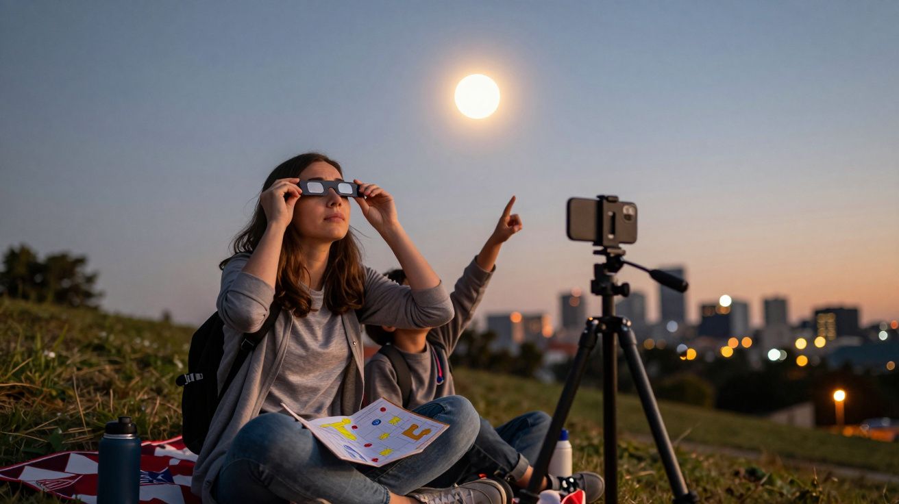 Mulher e criança observam a lua cheia com binóculos num campo, ao anoitecer, cidade ao fundo.