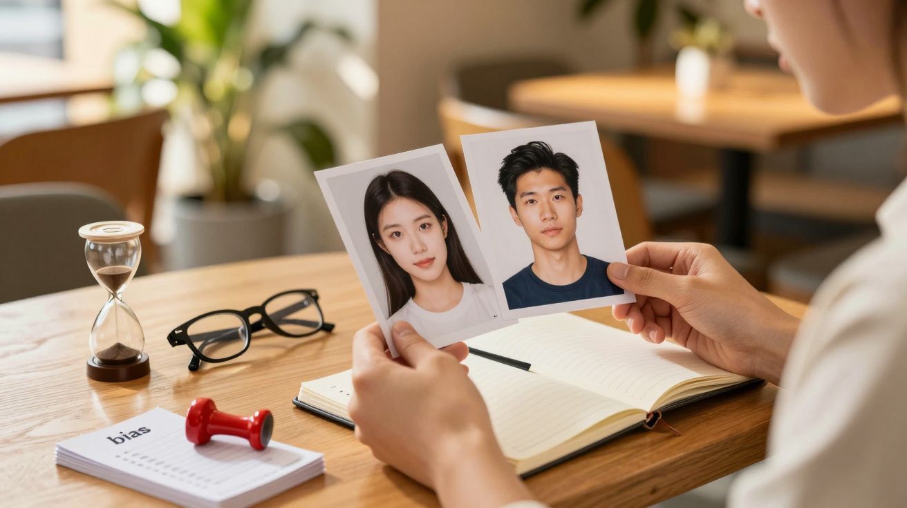 Pessoa a segurar duas fotos, uma de um homem e outra de uma mulher, em cima de uma mesa com caderno e óculos.