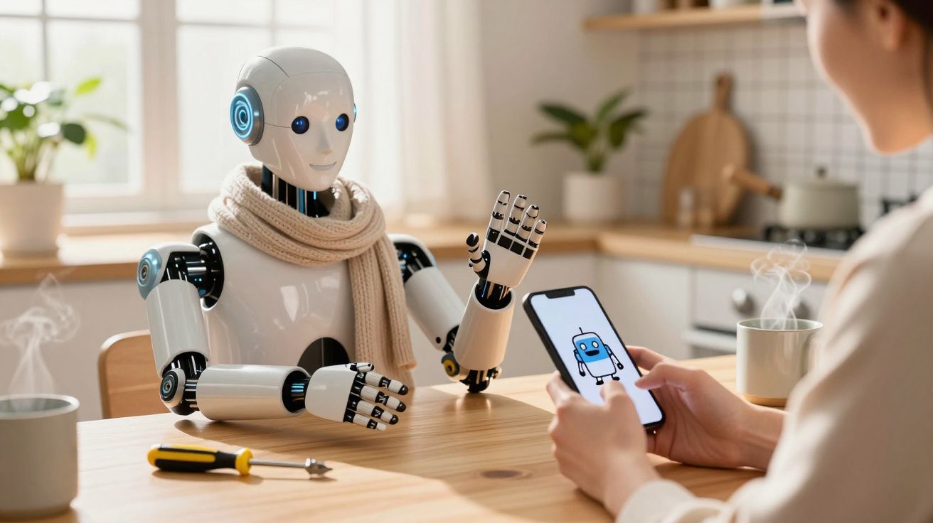 Robô com cachecol sentado numa mesa, frente a uma pessoa que segura um telemóvel com a imagem de um robô.