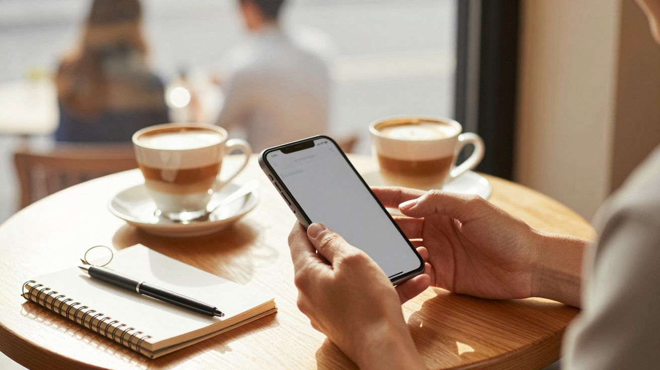 Pessoa segura smartphone numa mesa de café, com chávenas de café, caderno e caneta ao lado.