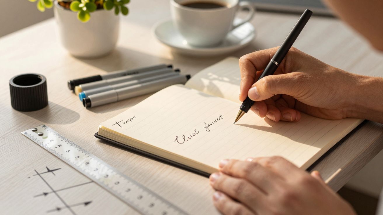 Pessoa escreve em caderno, com materiais de desenho ao redor e uma chávena de café sobre a mesa.