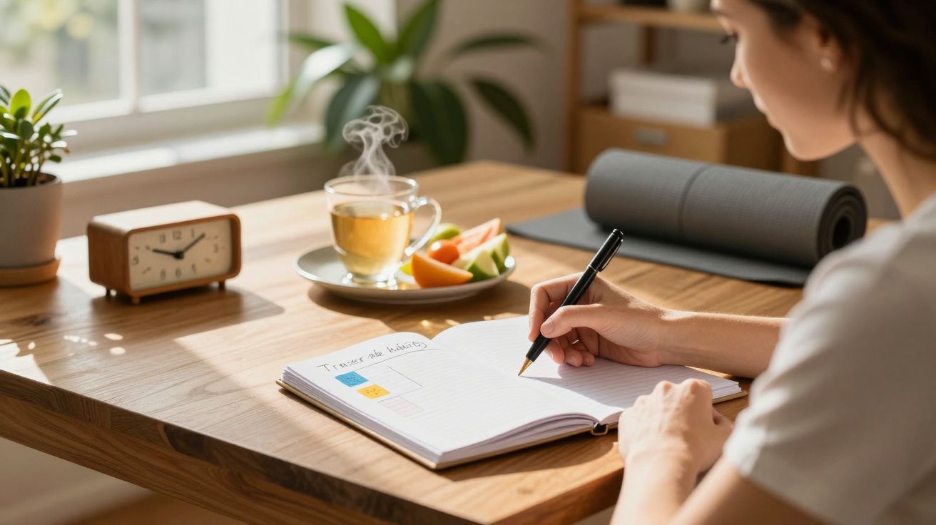 Mulher escrevendo em caderno numa mesa com chá, frutas e relógio. Luz natural entra pela janela.