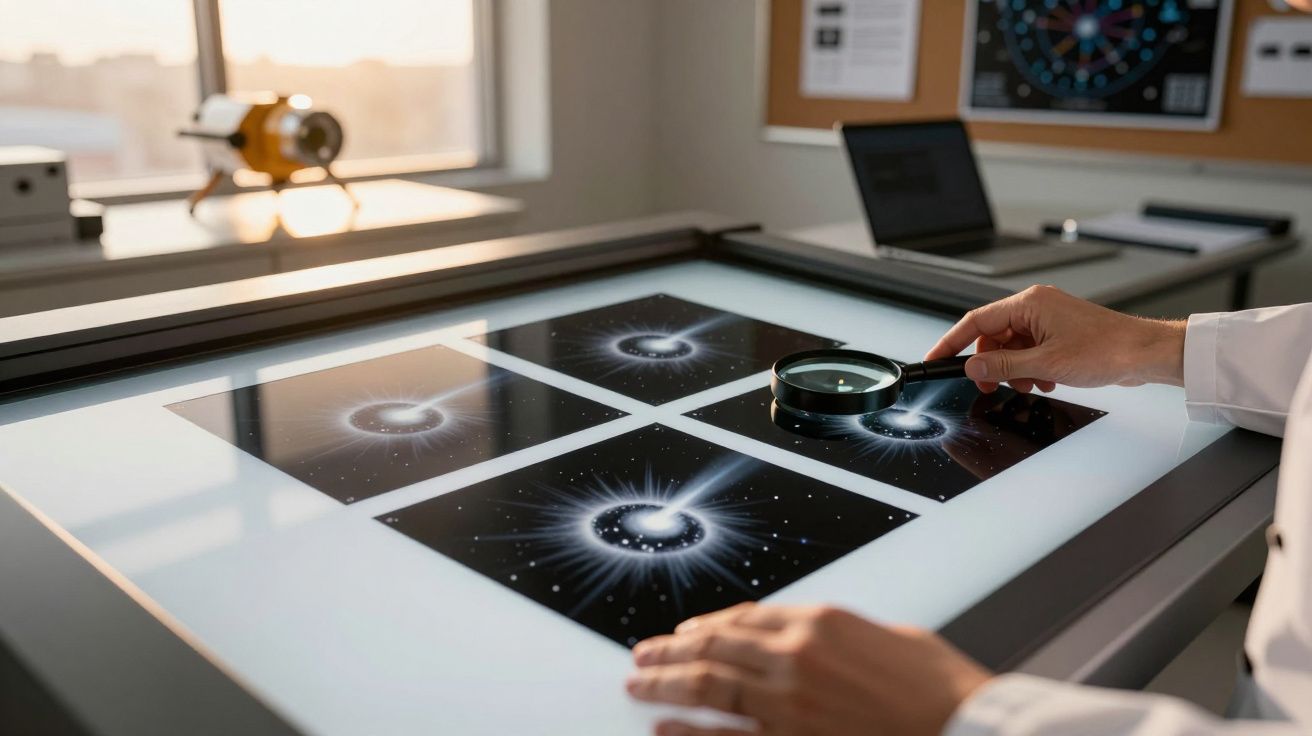 Mão segurando lupa sobre imagens de fenômeno espacial em superfície de luz, equipamento ao fundo.