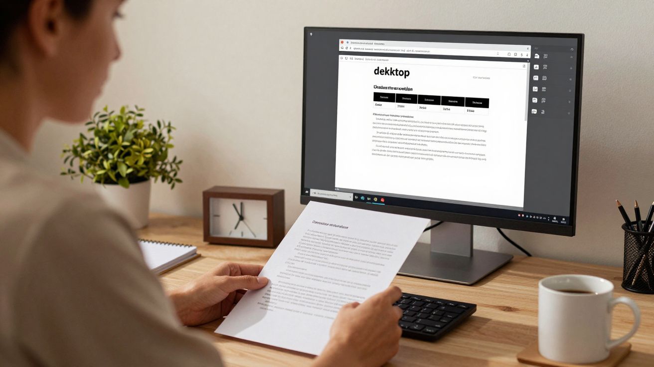 Pessoa lê documento enquanto visualiza site no monitor de um computador, em ambiente de trabalho organizado.