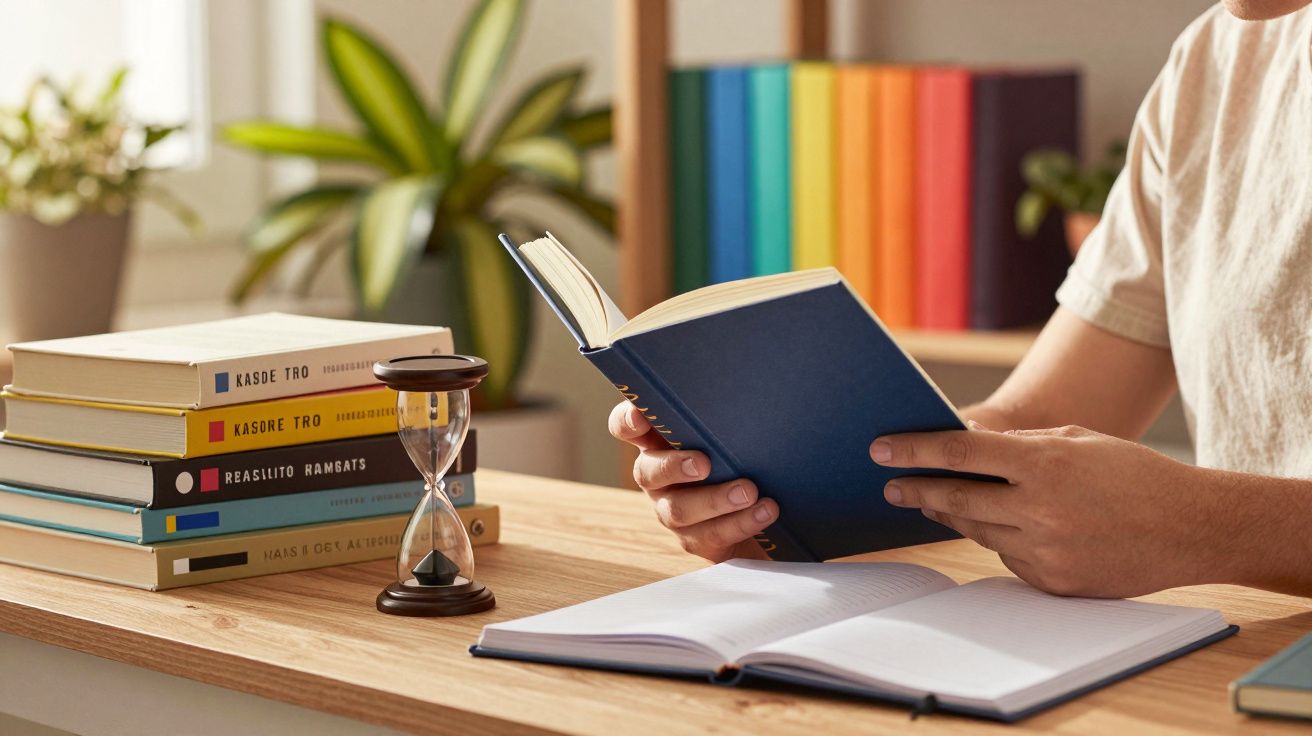 Homem a ler livro azul numa secretária, com relógio de areia e cadernos ao lado. Estante colorida ao fundo.