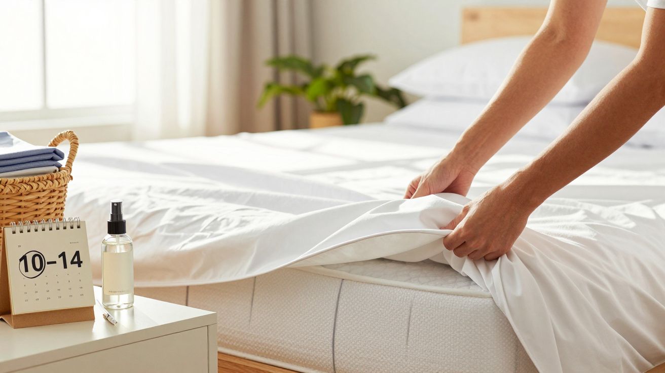 Pessoa a fazer a cama com lençóis brancos. Calendário e spray em cima de uma mesa de cabeceira ao lado.