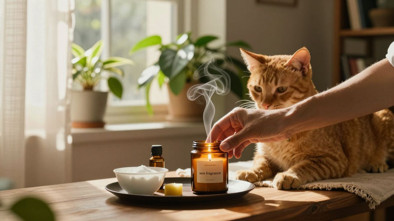 Gato laranja curioso ao lado de vela acesa numa mesa com plantas ao fundo.