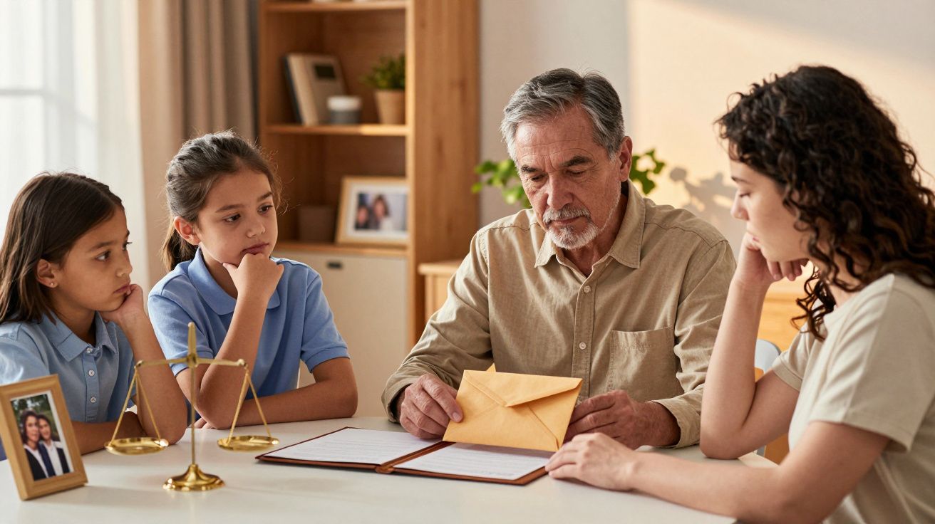 Família reunida ao redor de uma mesa, idoso segurando envelope, balança dourada e foto de família ao fundo.