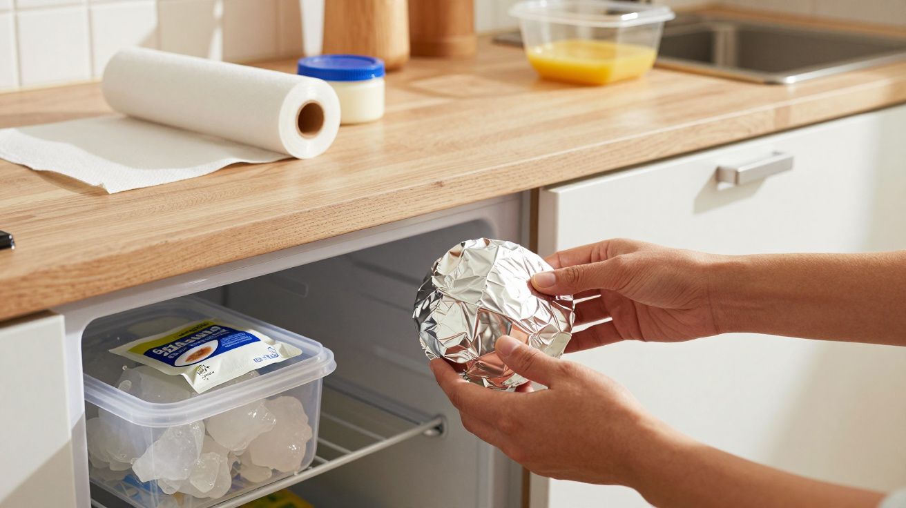 Mãos colocando embalagem de alumínio no frigorífico, com gelo e manteiga dentro, num balcão de cozinha com papéis e recipient