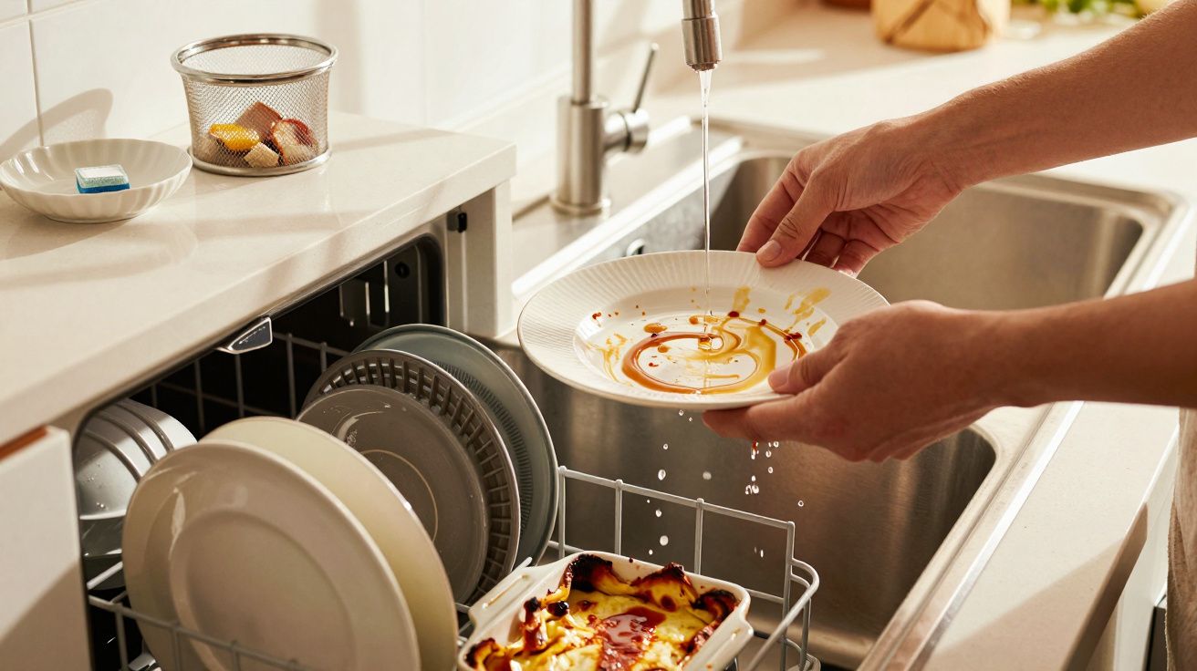 Pessoa enxagua prato sujo antes de colocá-lo na máquina de lavar loiça na cozinha.
