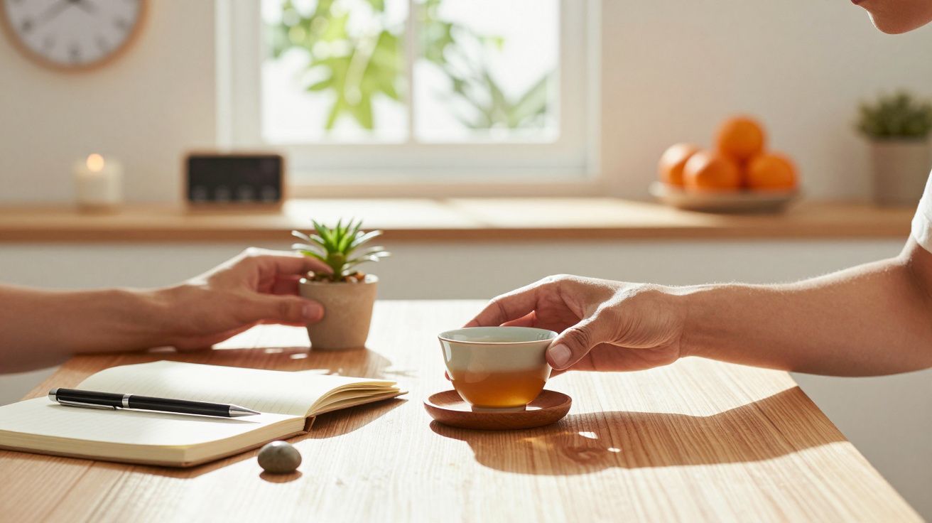 Duas mãos numa mesa, uma segurando xícara de chá e outra vaso de planta; bloco de notas e caneta ao lado.