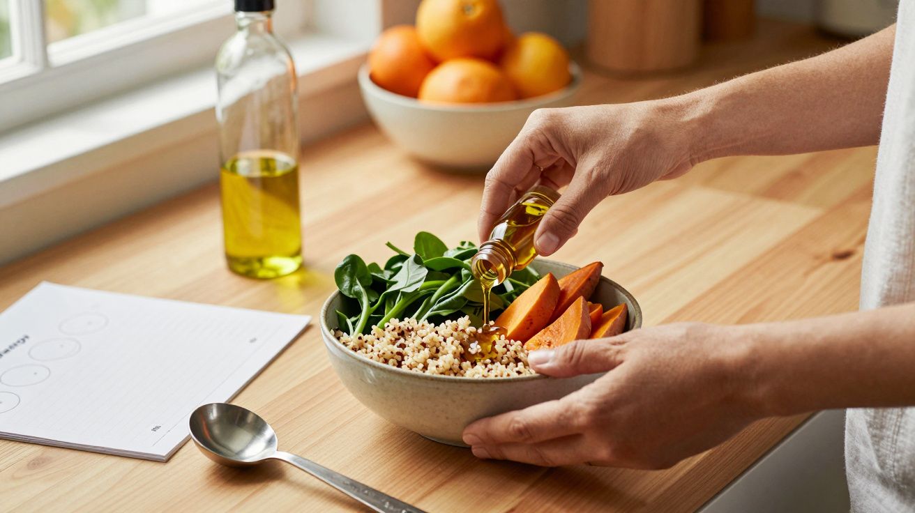 Pessoa adiciona azeite a uma salada de quinoa, espinafres e batata-doce numa cozinha iluminada.