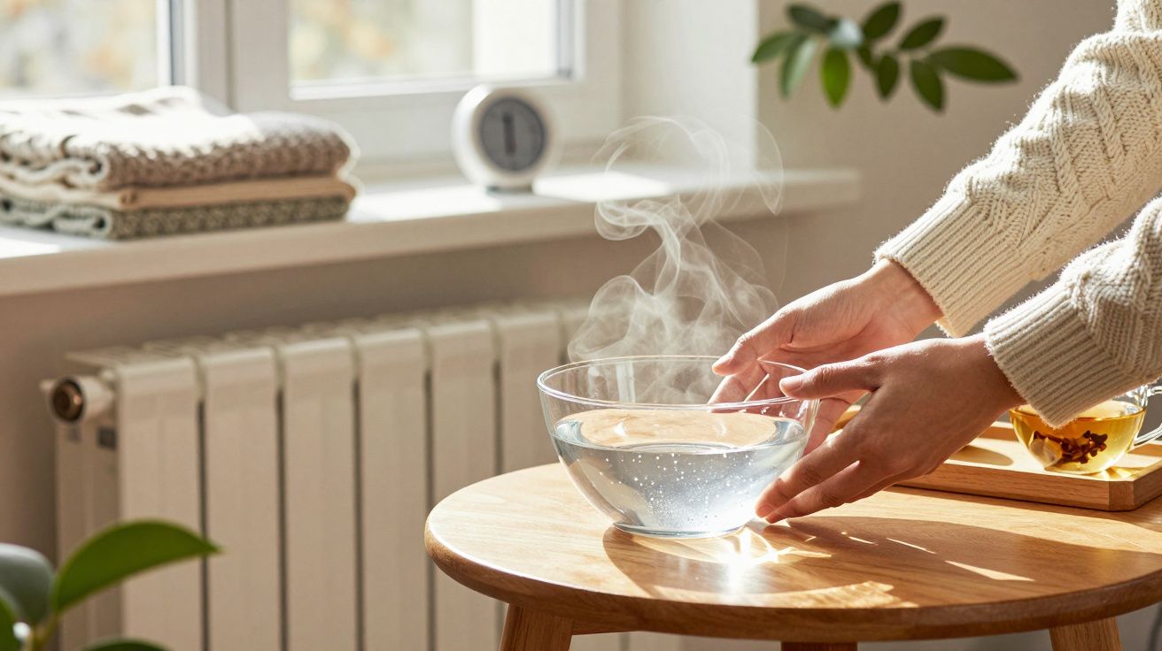 Pessoa segura uma tigela de vidro com água a fumegar, sobre uma mesa de madeira, ao lado de uma janela iluminada.