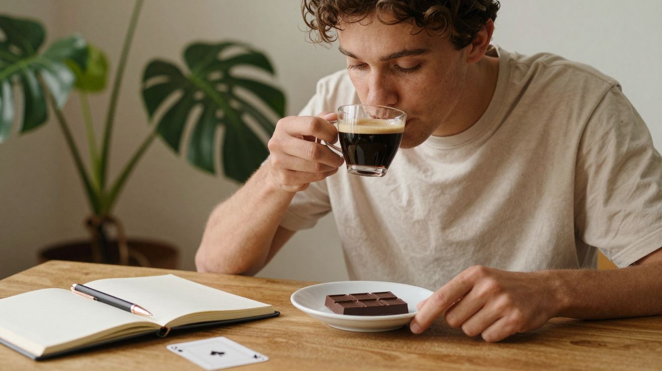 Homem bebe café ao lado de prato com chocolate, caderno aberto e carta de jogar sobre a mesa.