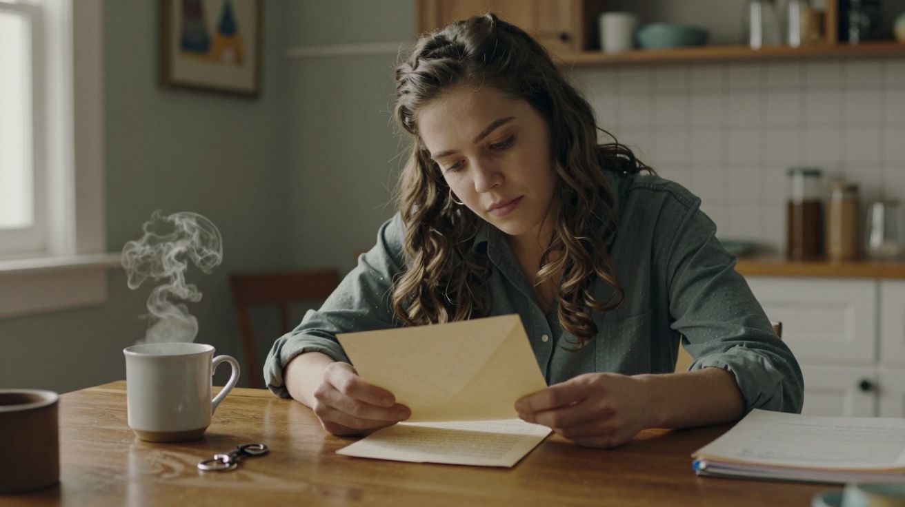 Mulher sentada à mesa a ler uma carta, com uma chávena de café ao lado numa cozinha iluminada.