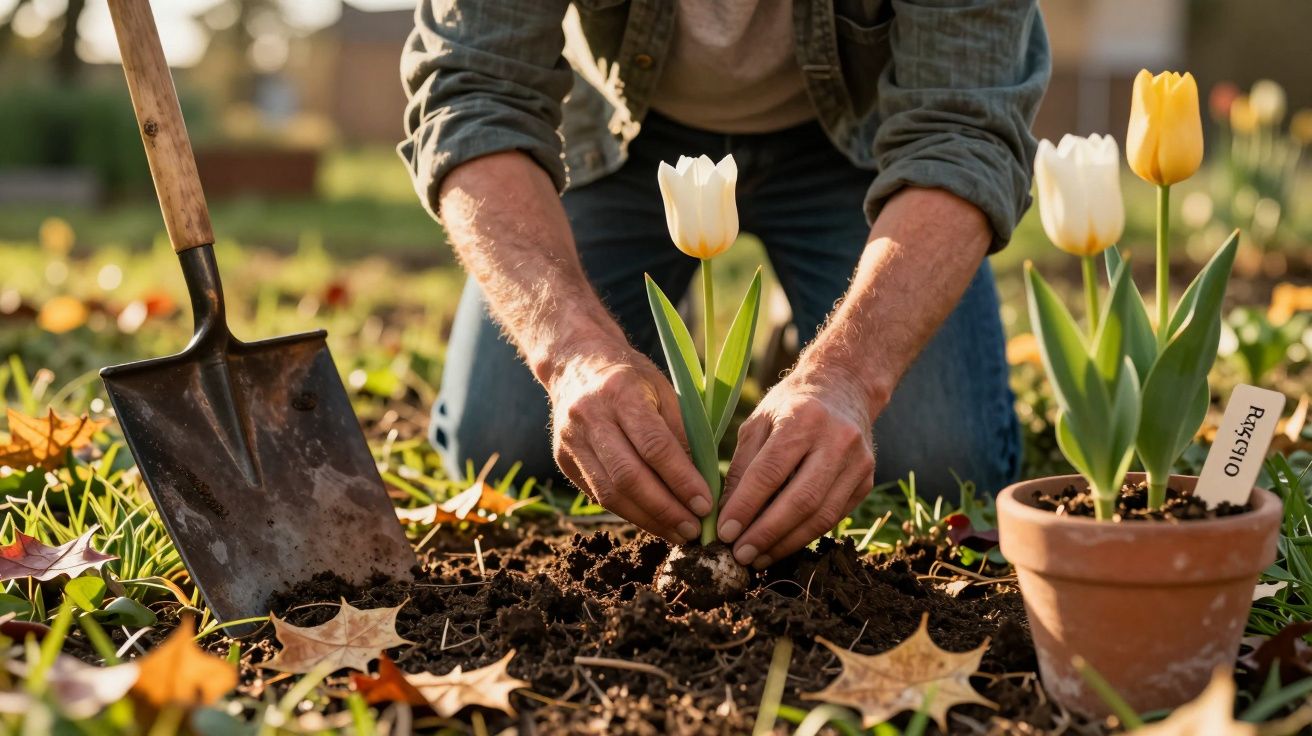 Pessoa a plantar tulipas brancas no jardim, ao lado de uma pá e um vaso com mais flores.