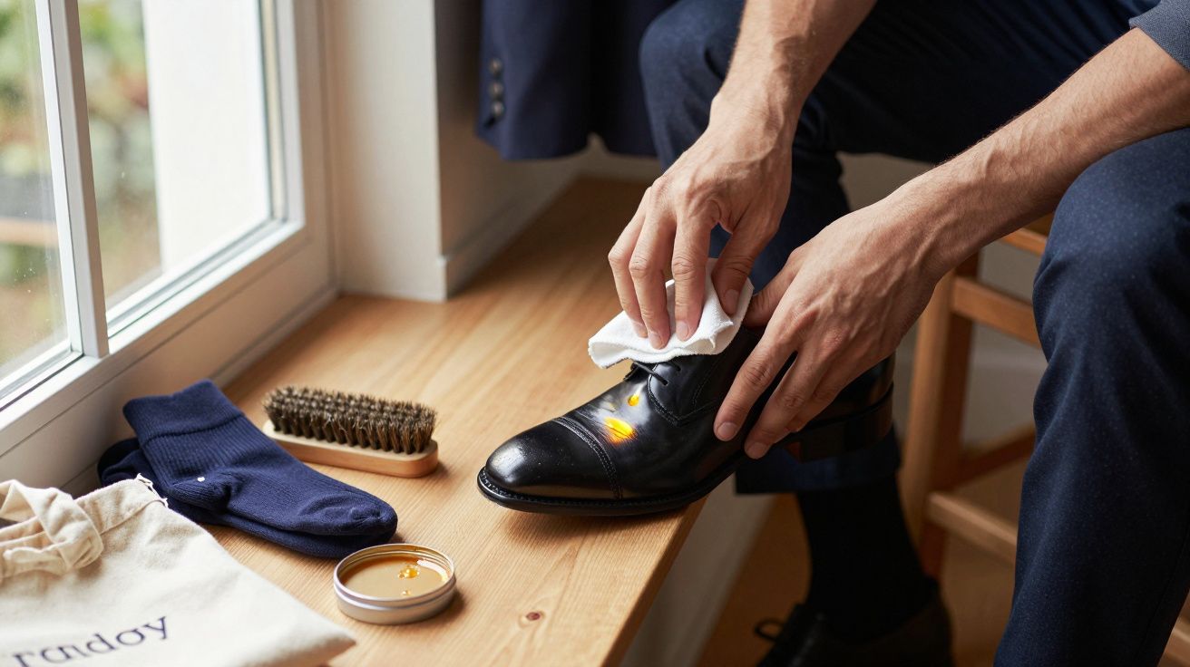Homem a polir sapato preto com pano, junto a janela, com escova, cera e meias ao lado.