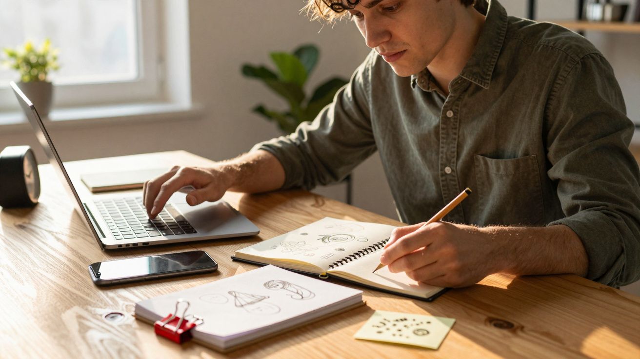 Homem a desenhar em caderno numa mesa com portátil, telemóvel e bloco de notas. Luz solar a iluminar a cena.