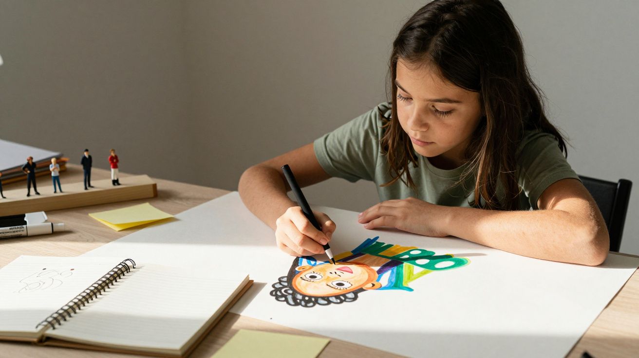 Menina desenha uma figura colorida em papel, numa mesa com caderno, lápis e figuras em miniatura ao fundo.
