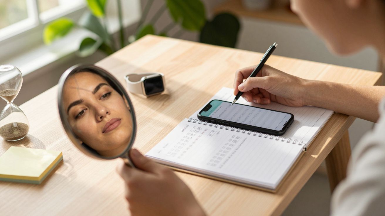 Pessoa a escrever num caderno enquanto segura espelho refletindo seu rosto, com telemóvel e ampulheta na mesa.