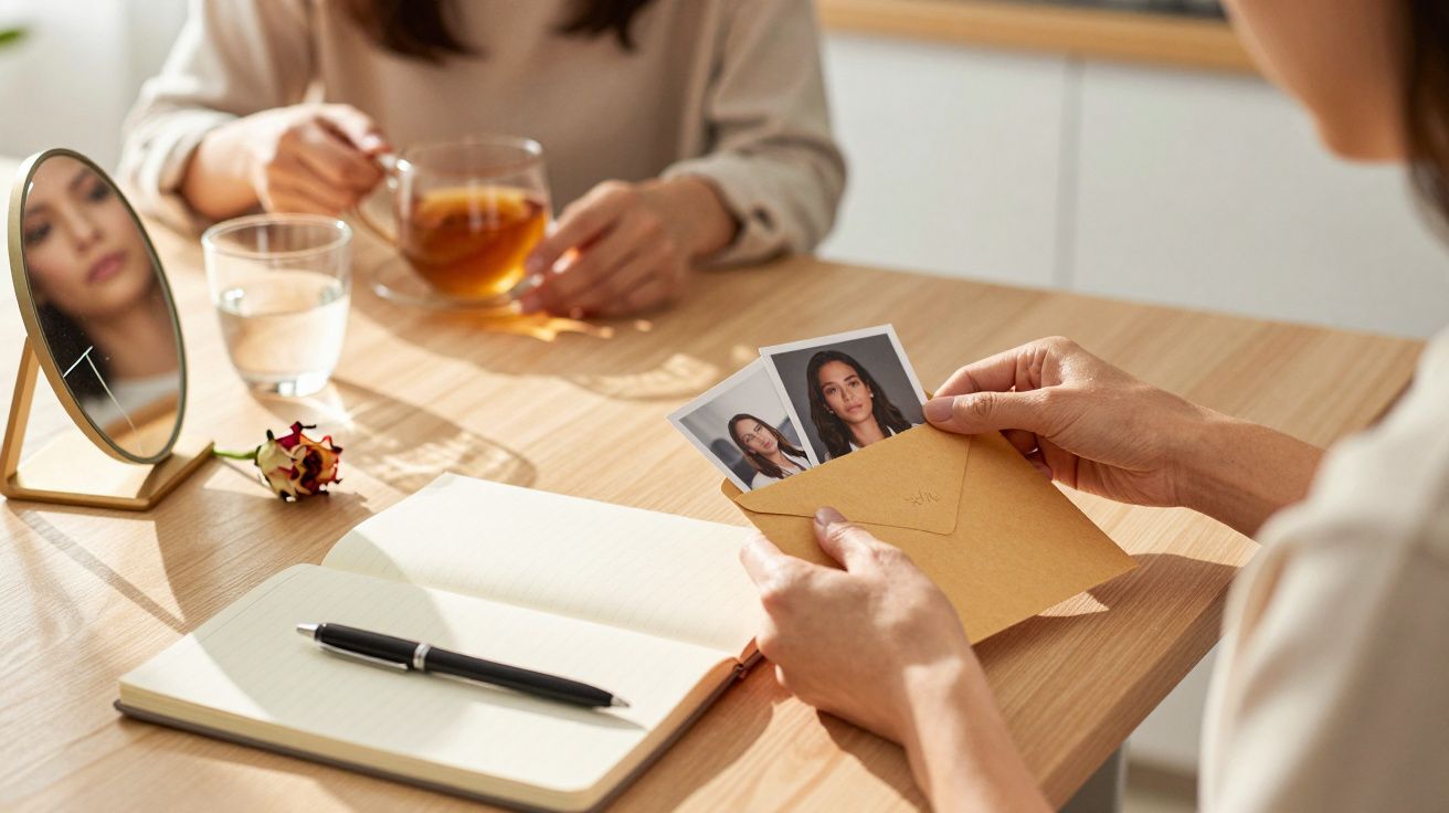 Pessoa segurando fotos junto a caderno, chá e espelho sobre mesa.