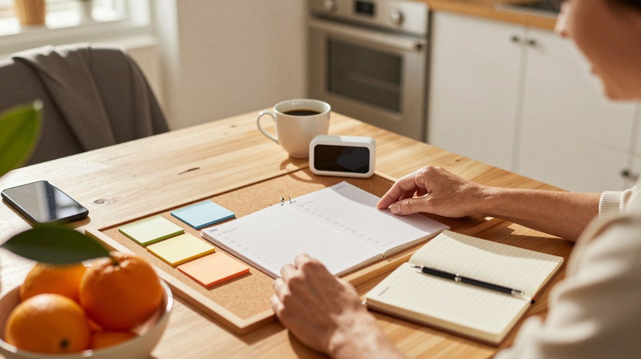 Pessoa a consultar agenda numa mesa, com um caderno, caneta, chávena de café, telemóvel e laranjas ao lado.