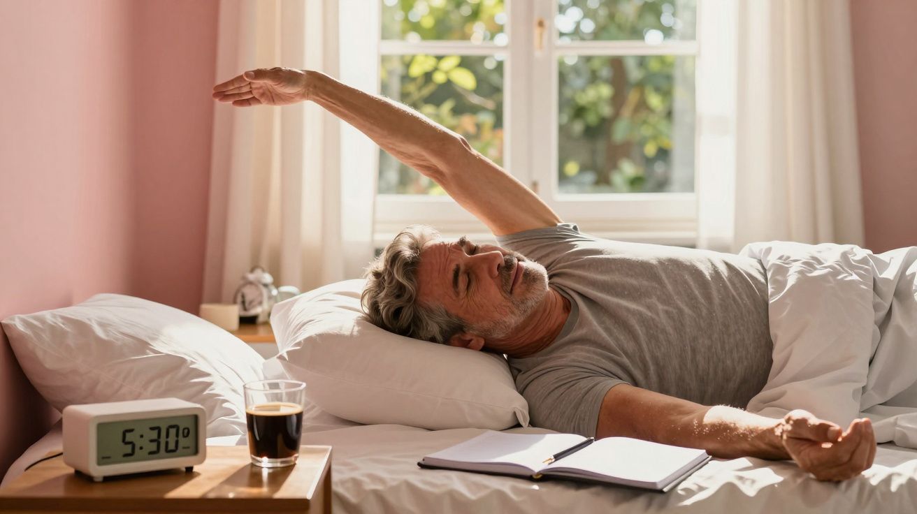 Homem a espreguiçar-se na cama às 5h30 com café e caderno na mesa de cabeceira, numa manhã ensolarada.