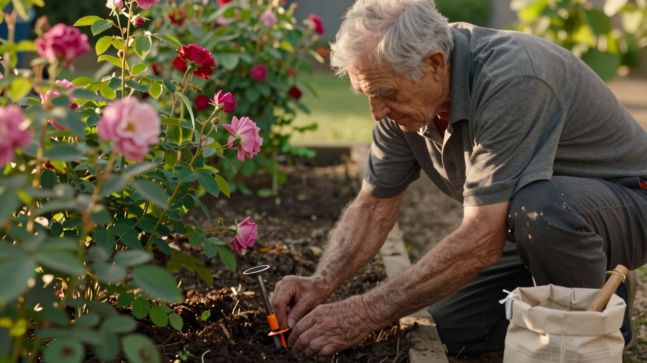 Homem idoso a cuidar de um jardim de rosas, ajoelhado e utilizando ferramentas de jardinagem.