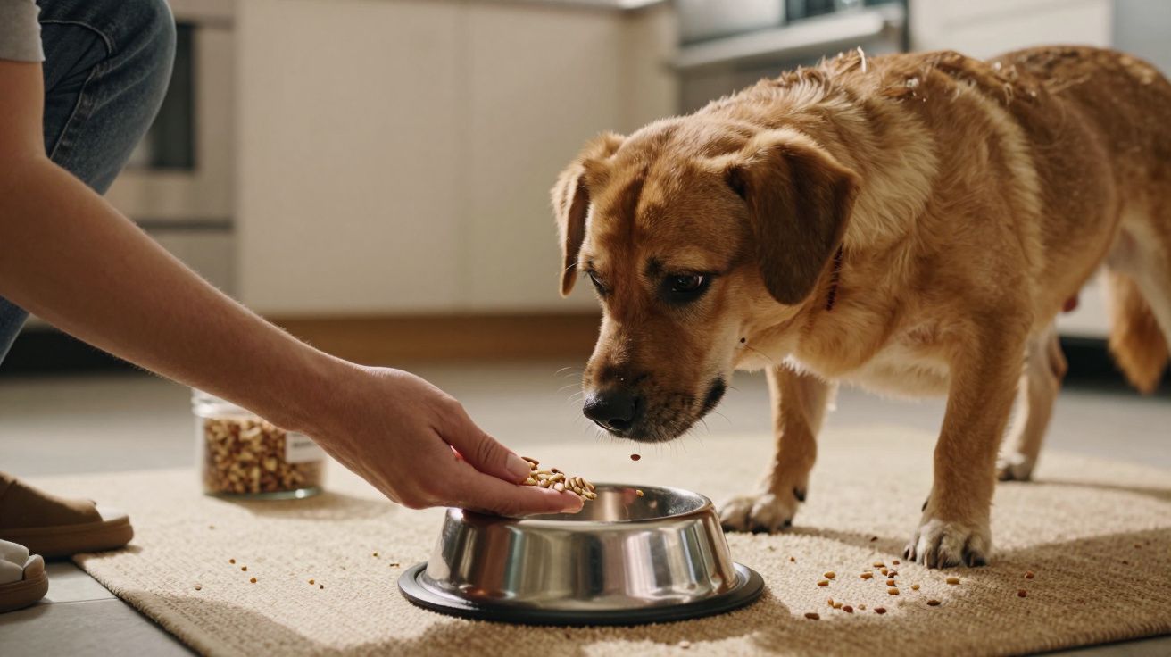 Pessoa a alimentar um cão castanho com ração num prato inox, em cima de um tapete numa cozinha.
