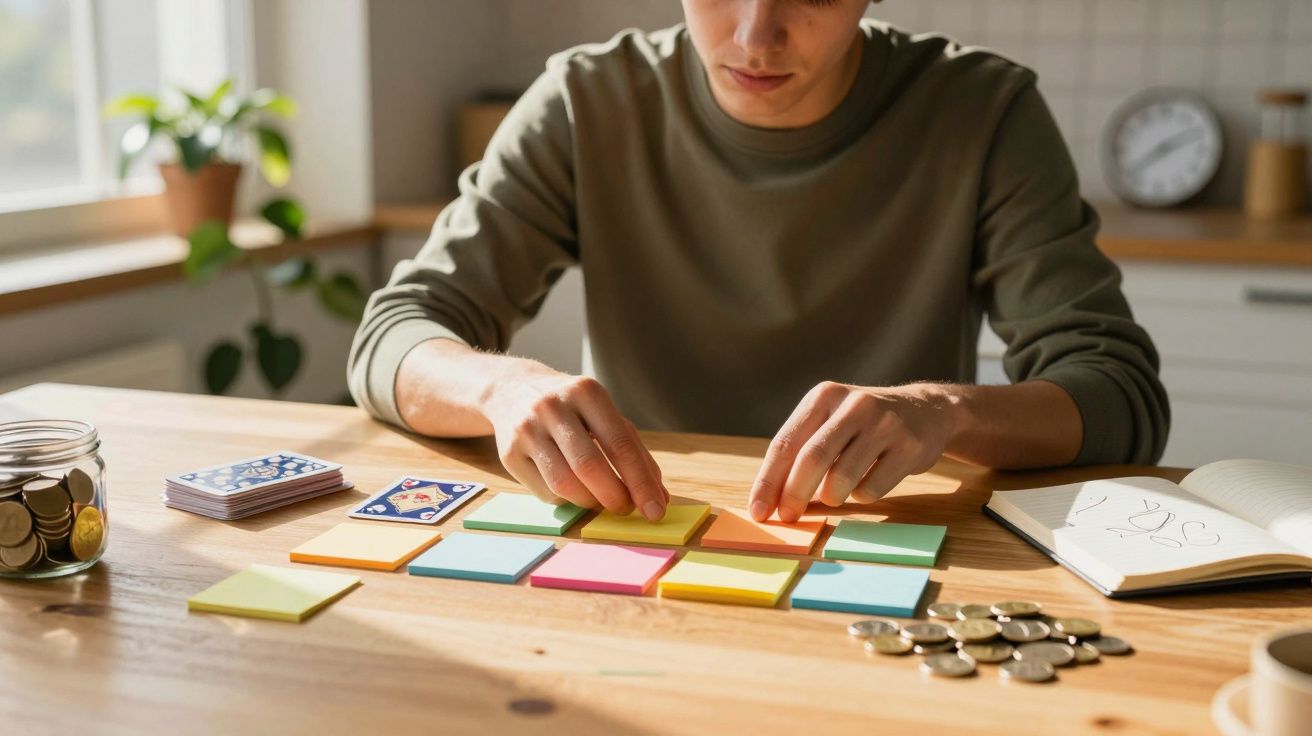Homem organiza notas adesivas coloridas numa mesa, rodeado de moedas, baralho de cartas e caderno aberto.