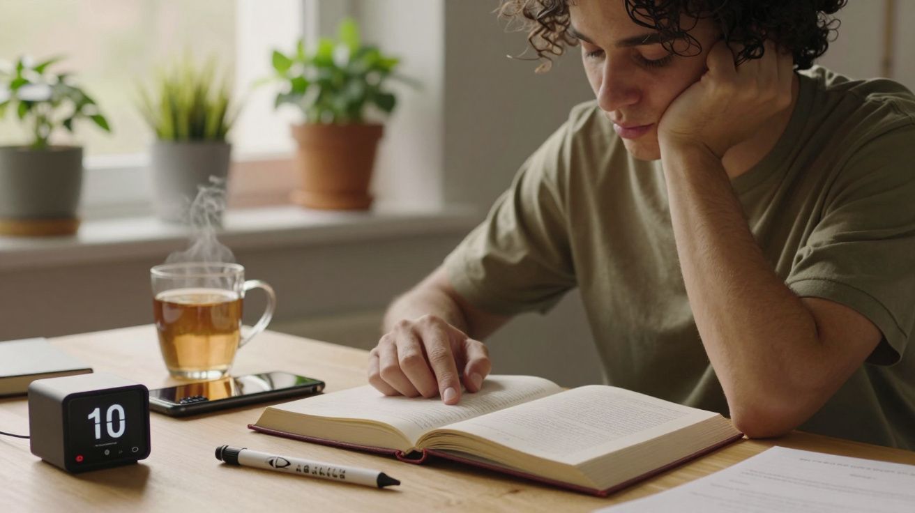 Pessoa a ler livro numa mesa com chá, telemóvel, caneta e relógio digital por perto; plantas na janela ao fundo.